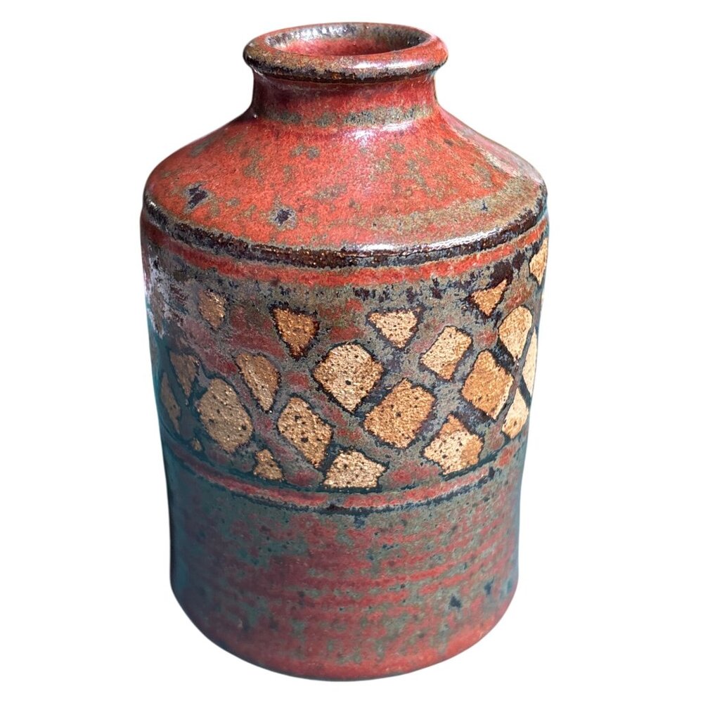 VTG Red Stoneware Vase With Textured Geometric Design Plaid Orange Handmade‎